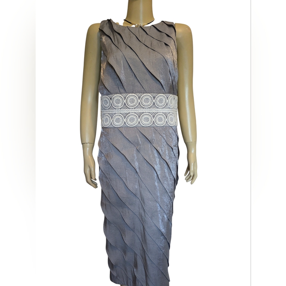 Maggy London Sleeveless Gray Midi Dress with Decorative Lace Waistband, NWOT